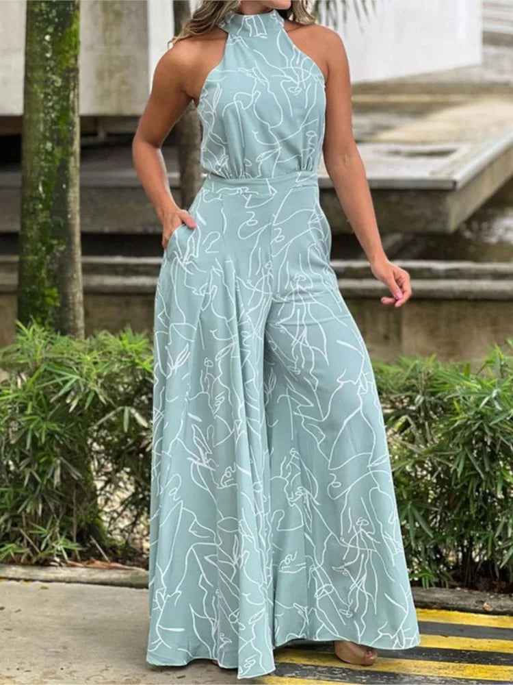 Elegant Printed Halter Neck Leace-Up Jumpsuit Women Sleeveless Fashion High Waist Wide Leg Jumpsuits Casual Streetwear New by Wild and Free Boutique