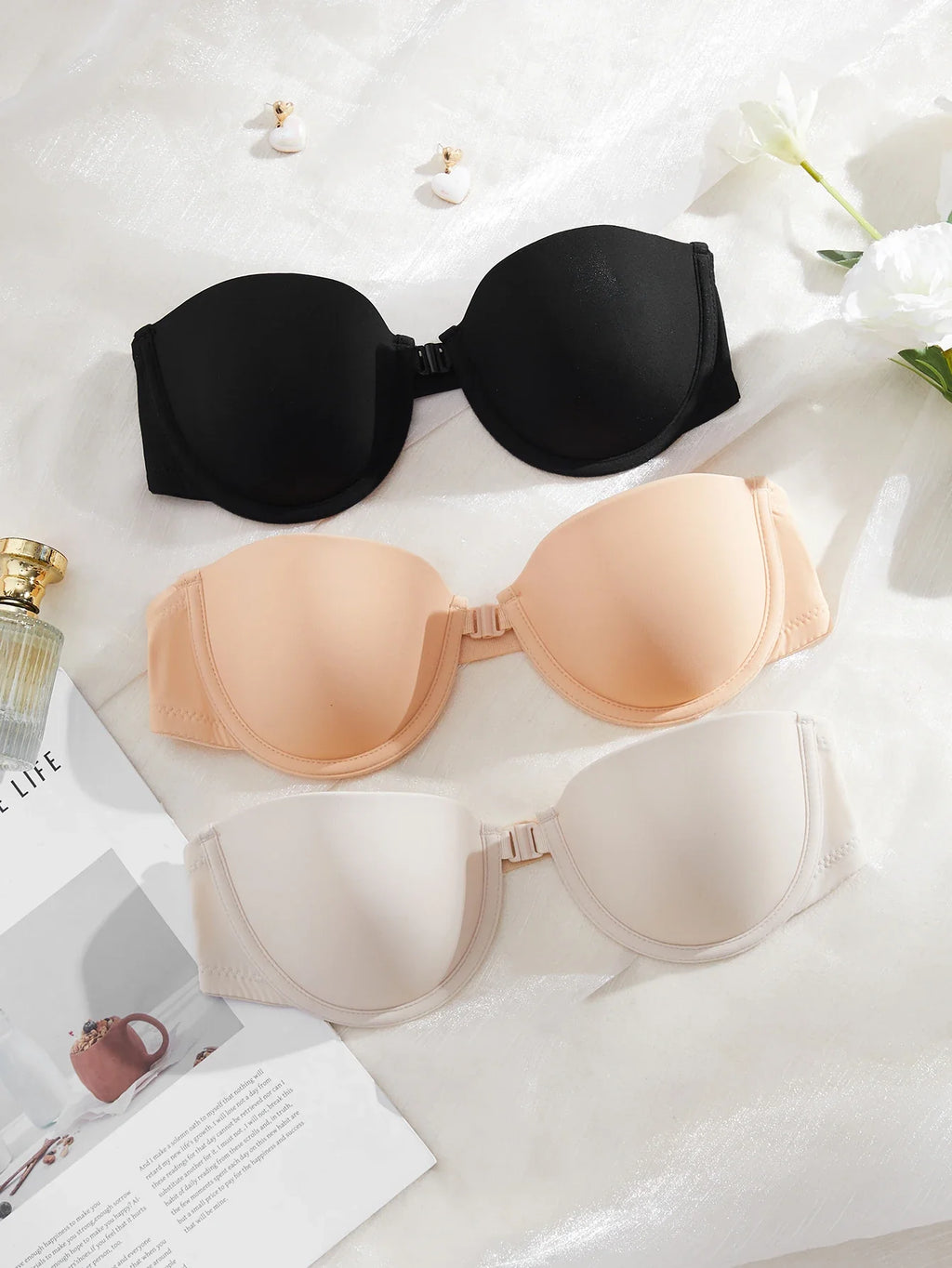 3Pcs/Set Demi Cup Seamless Women's Underwear Set Strapless Push up Bra Female Smooth Underwire Support Bra by Ladyez