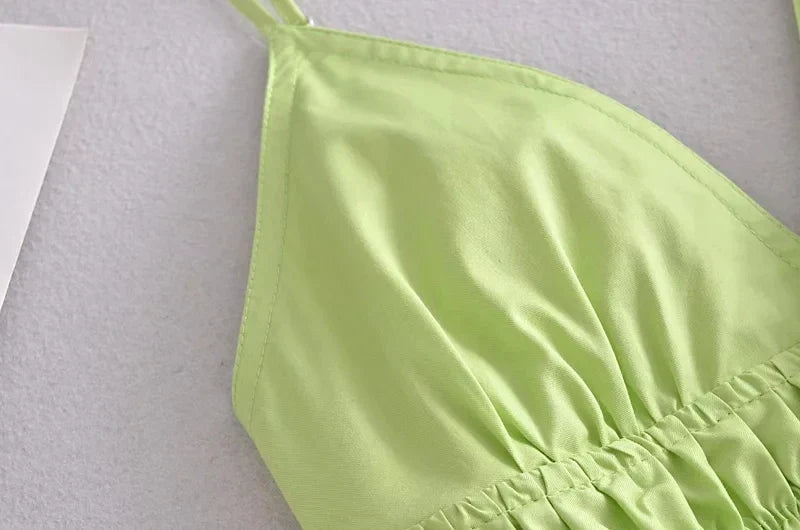 Foridol Elastic Smocking Green Cotton V Neck Summer Women's Dress Sleevless Long Green Maxi Casual Strapy Dress Solid Female by Ladyez