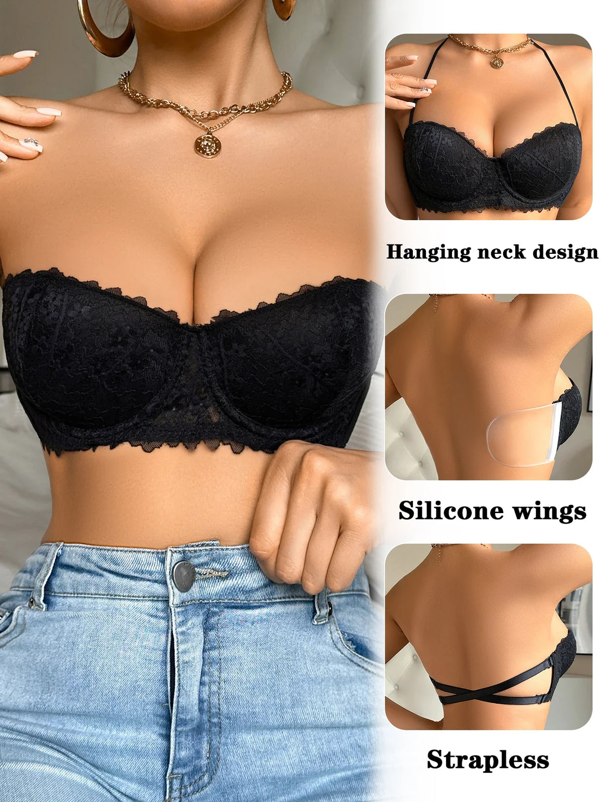 Silicone Pads Strapless Solid Color Sexy Lace Bras Fashionable Outfits Push up Detachable Straps Women's Bra by Ladyez