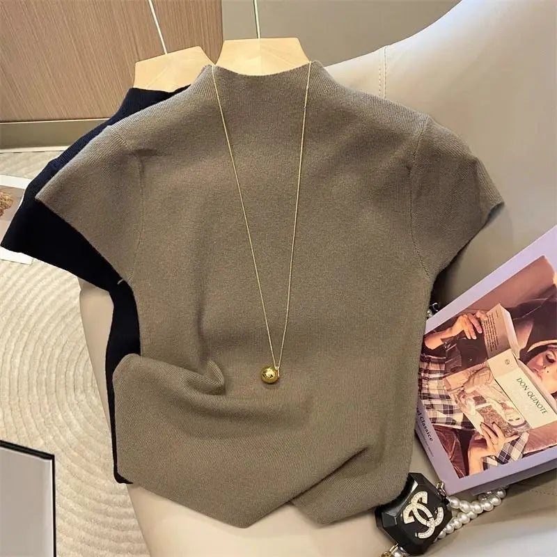2026 Basic Turtleneck Solid Thin Summer Pullover Women Female Knitted Sweater Slim Short Sleeve Bodycon Sweater by Urban Fashion Icon