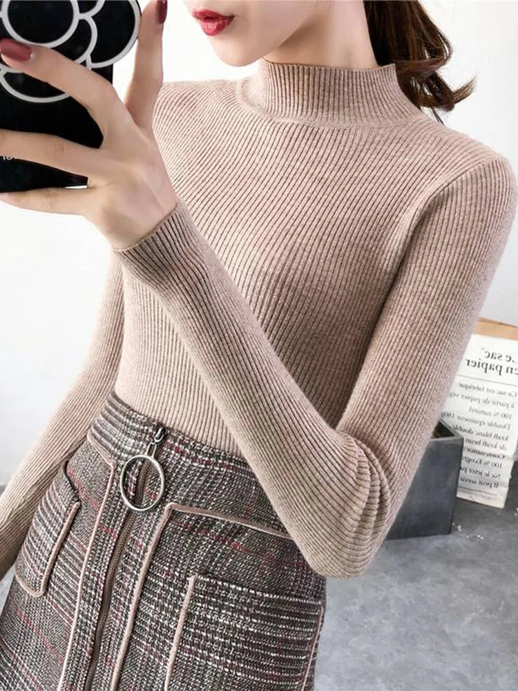 Autumn Winter Mock Neck Women Sweater Vintage Basic Solid Knitted Tops Casual Slim Pullover Korean Sweaters Simple Chic Jumpers by Urban Fashion Icon