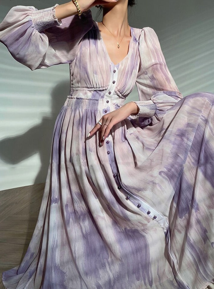 Printed Dress V-neck Long Sleeve Single-breasted Women A-line Dress vestidos by nowadaysfashion