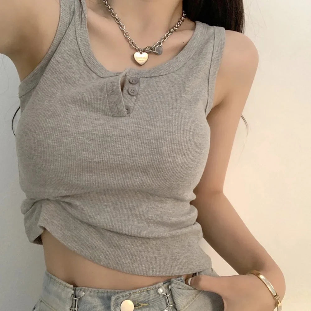 Tank Top for Women Ribbed Button Down Sleeveless Blouse Solid Color Casual Women's Teens Trendy Basic Summer Dresses by Urban Fashion Icon