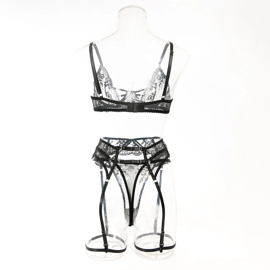 Embroidery Lingerie 3Pcs Sets Ultrathin Mesh Patchwork See Through Bras And Thongs Garter Suits Erotic Intimate Sexy Underwear by Ladyez