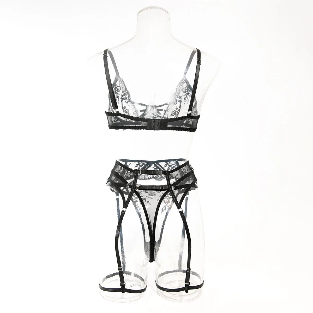 Embroidery Lingerie 3Pcs Sets Ultrathin Mesh Patchwork See Through Bras And Thongs Garter Suits Erotic Intimate Sexy Underwear by Ladyez