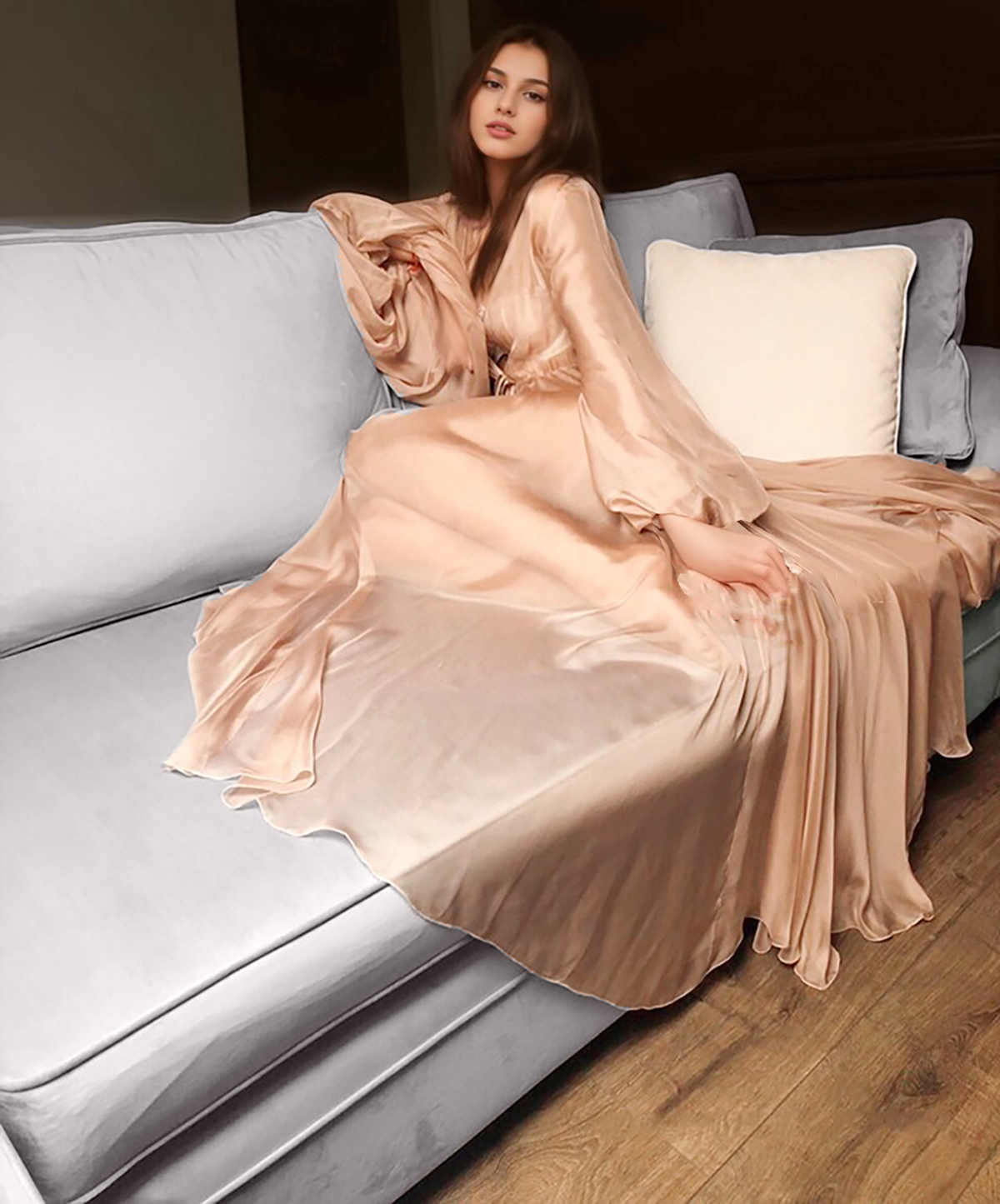 Unique Silky Shiny Crinkle Chiffon long Lingerie Robe dress by SelenaHuanStudio