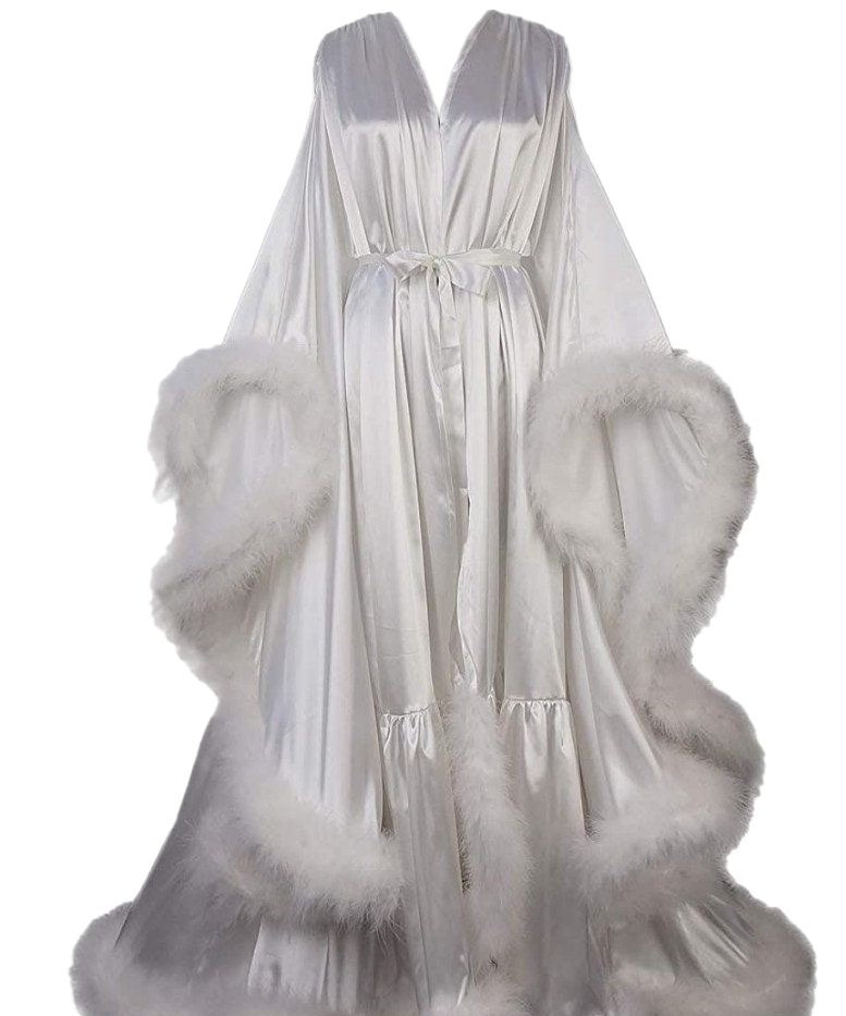 Luxury Satin Feather Bridal Robe | Victorian Style Wedding & Photoshoot Robe by SelenaHuanStudio