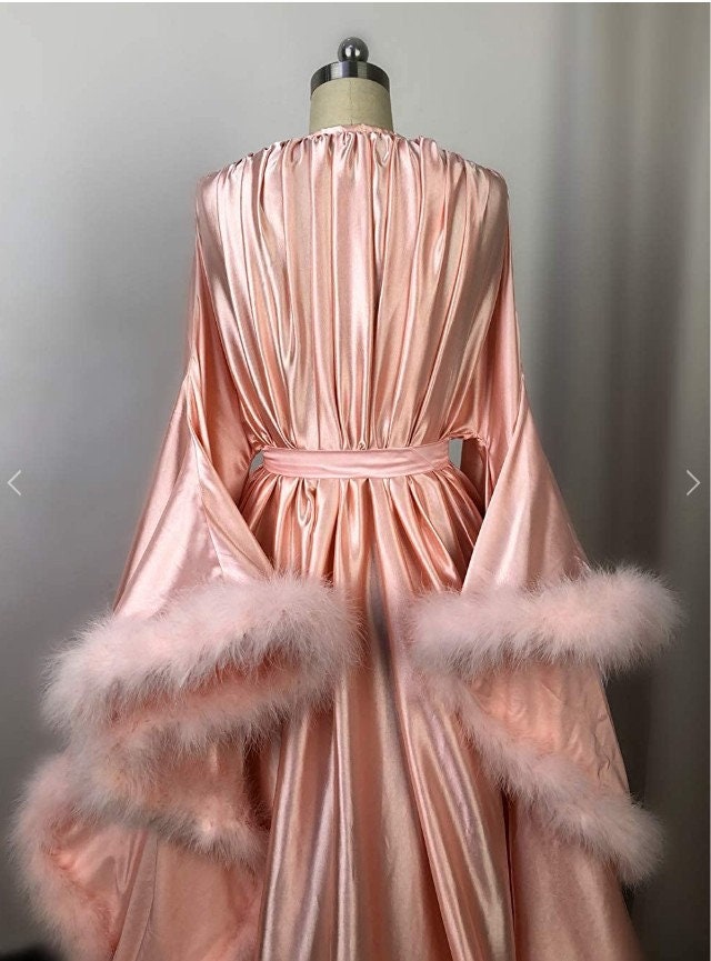 Luxury Satin Feather Bridal Robe | Victorian Style Wedding & Photoshoot Robe by SelenaHuanStudio