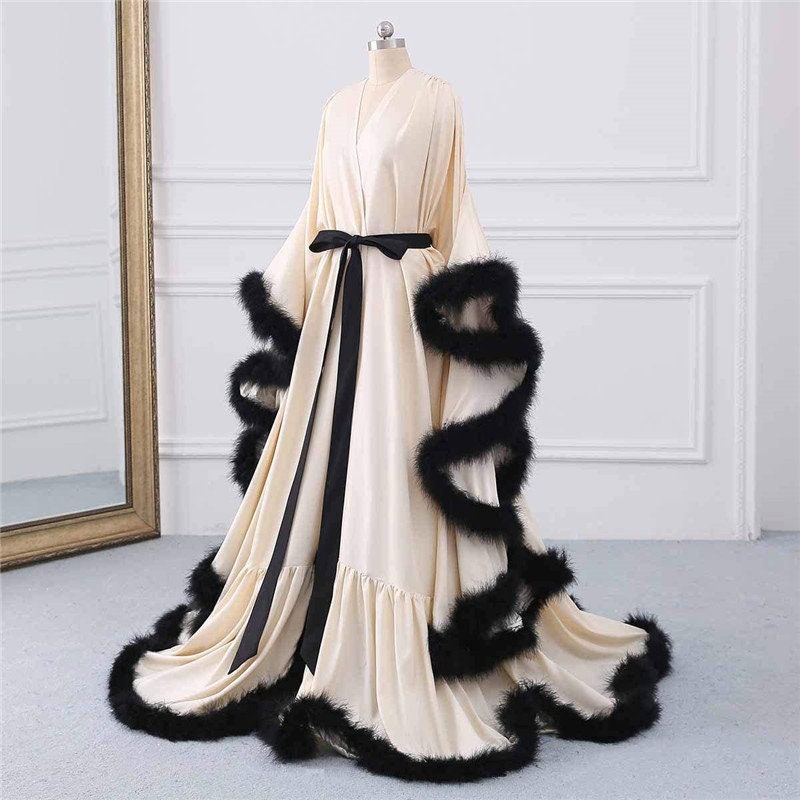 Luxury Satin Feather Bridal Robe | Victorian Style Wedding & Photoshoot Robe by SelenaHuanStudio