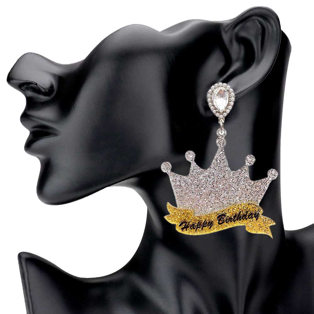 Happy Birthday Glittered Resin Crown Dangle Earrings by Madeline Love