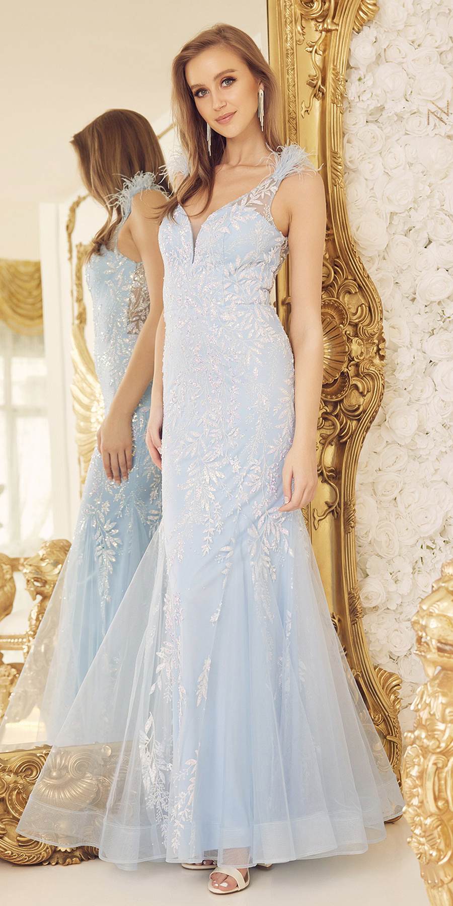 Nox Anabel T1208 Long Mermaid Gown with Feather Straps by DiscountDressShop