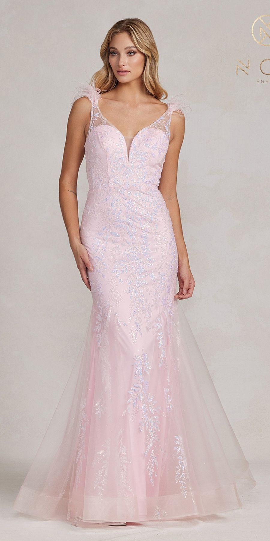 Nox Anabel T1208 Long Mermaid Gown with Feather Straps by DiscountDressShop