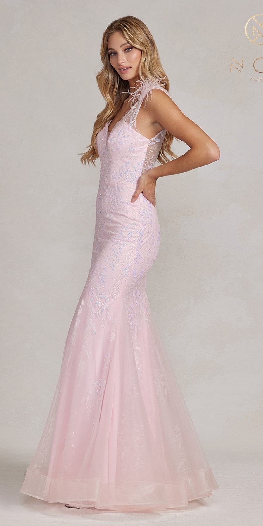 Nox Anabel T1208 Long Mermaid Gown with Feather Straps by DiscountDressShop