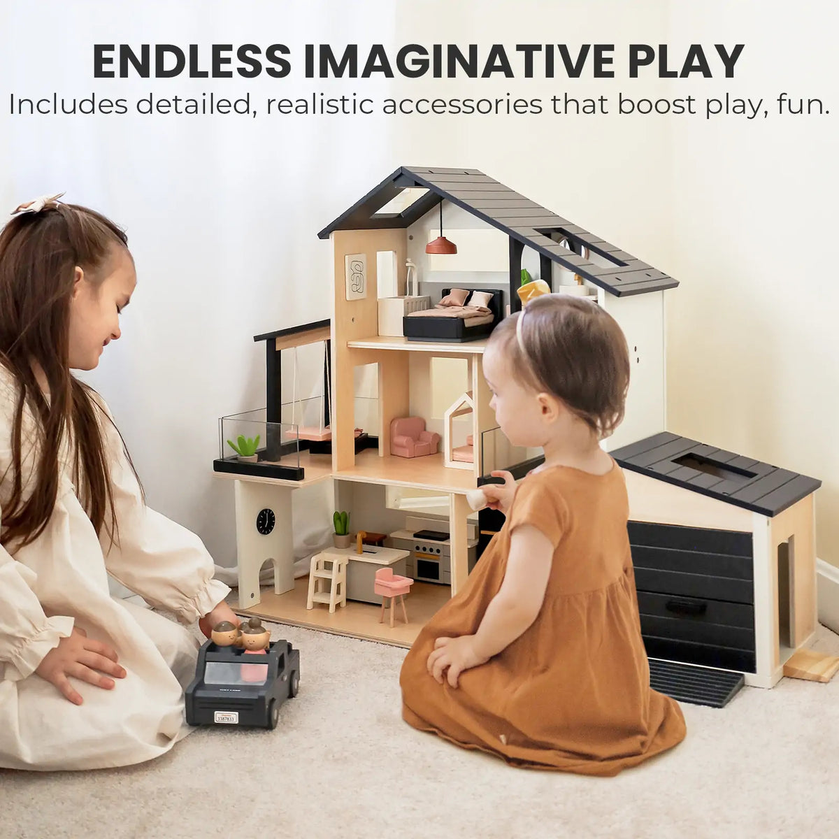 Sweet Family Gift Set: Black Dollhouse & Dollhouse Garage & Extra Dolls Set by Tiny Land INC