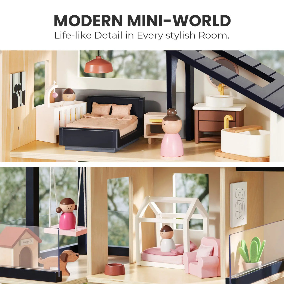Sweet Family Gift Set: Black Dollhouse & Dollhouse Garage & Extra Dolls Set by Tiny Land INC
