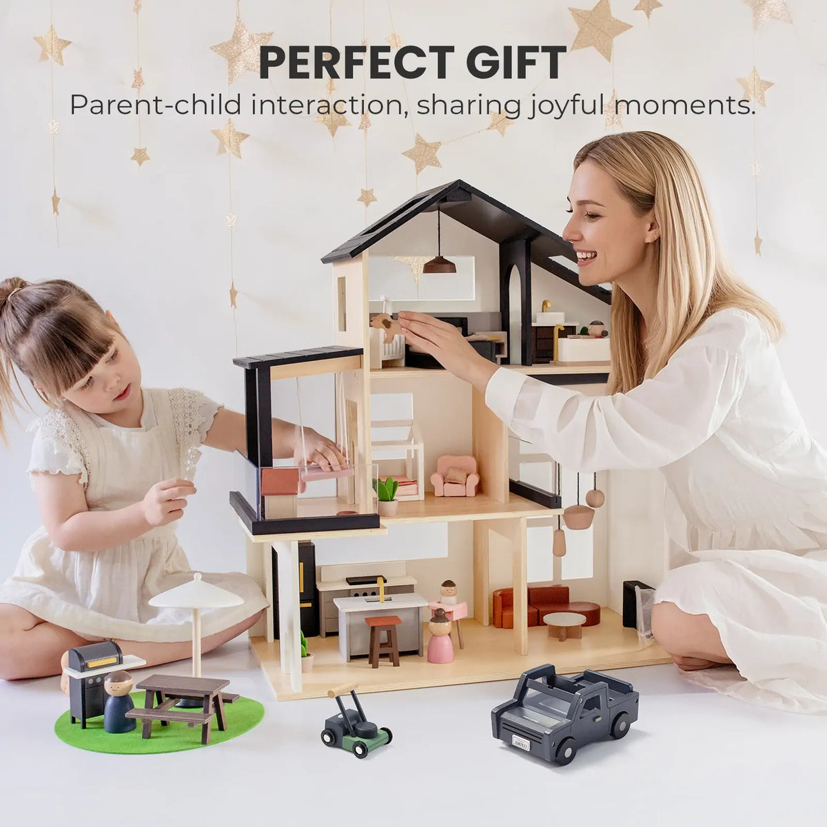 Sweet Family Gift Set: Black Dollhouse & Dollhouse Garage & Extra Dolls Set by Tiny Land INC