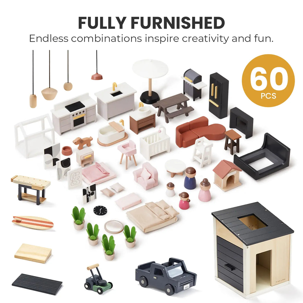 Sweet Family Gift Set: Black Dollhouse & Dollhouse Garage & Extra Dolls Set by Tiny Land INC