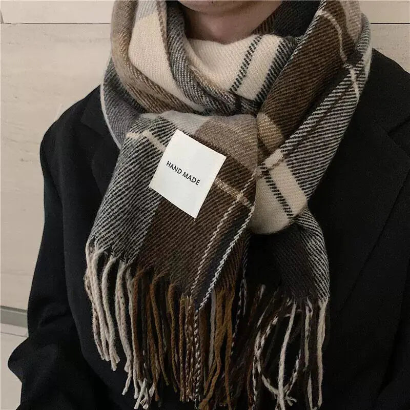 Versatile Retro Plaid Scarf with Tassels for Women by Trendy Attic Store01