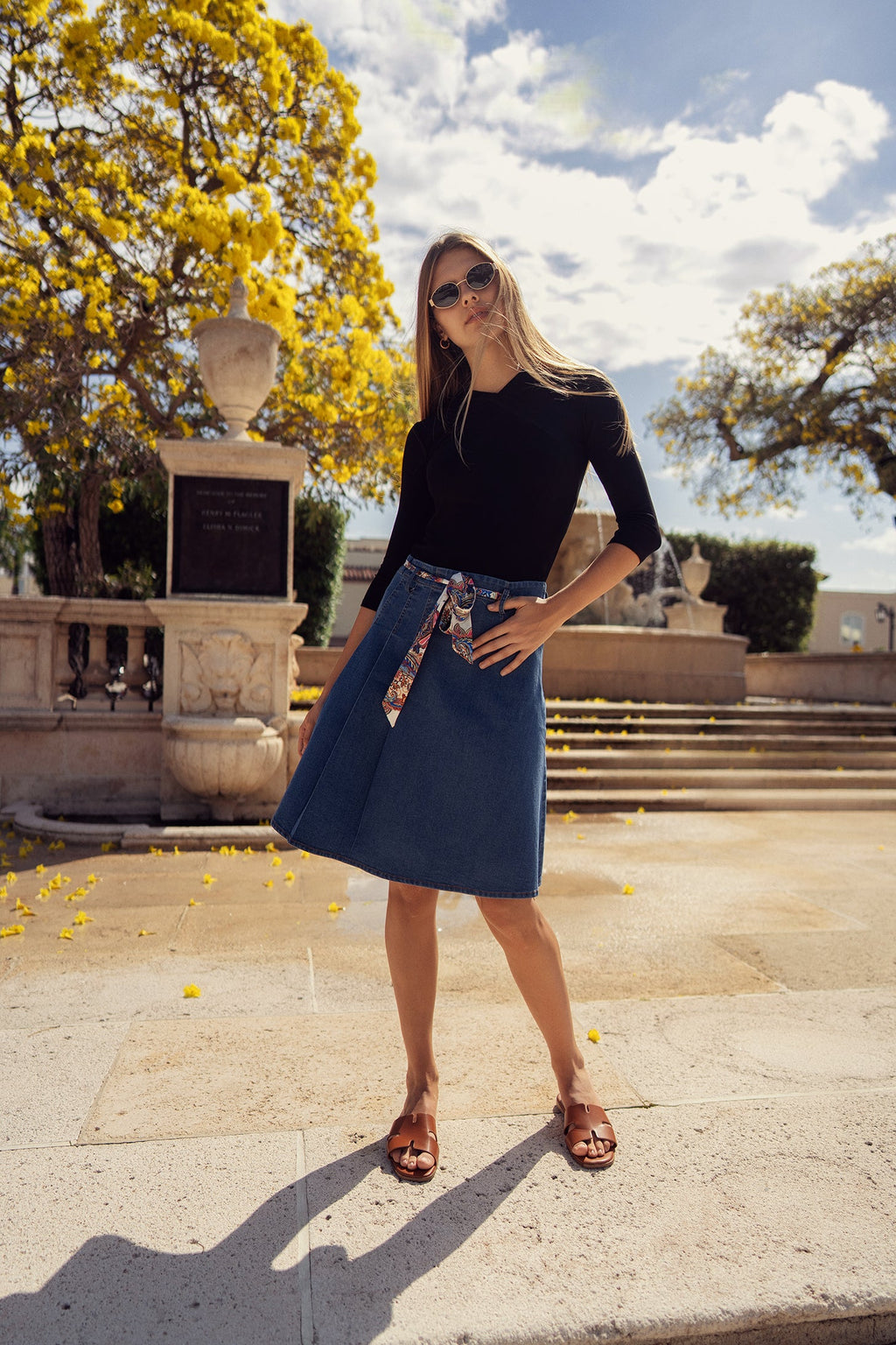 DENIM PLEAT KILT SKIRT WITH TIE by profile-nyc