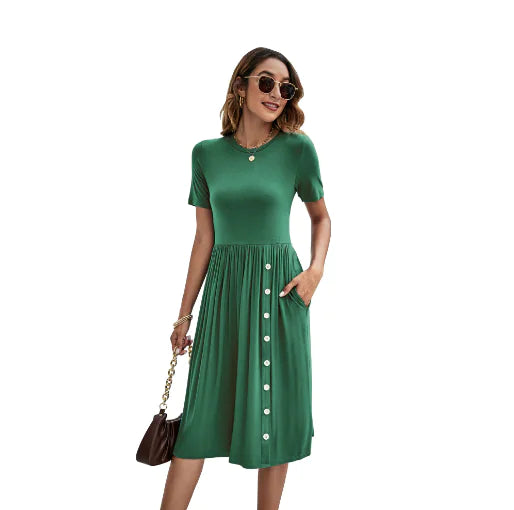 Solid Color Button Pocket Casual Women's Dress by Trendy Attic Store01