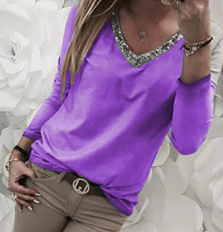 Plus Size Women's Sequin Long Sleeve V Neck T-shirt by Trendy Attic Store01