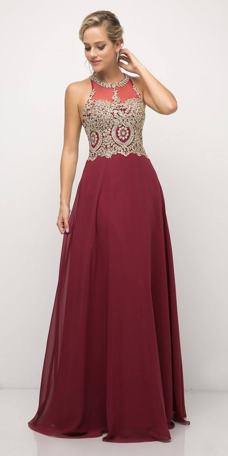 Cinderella Divine UJ0120 A-Line Chiffon Dress Halter Lace Applique Bodice by DiscountDressShop