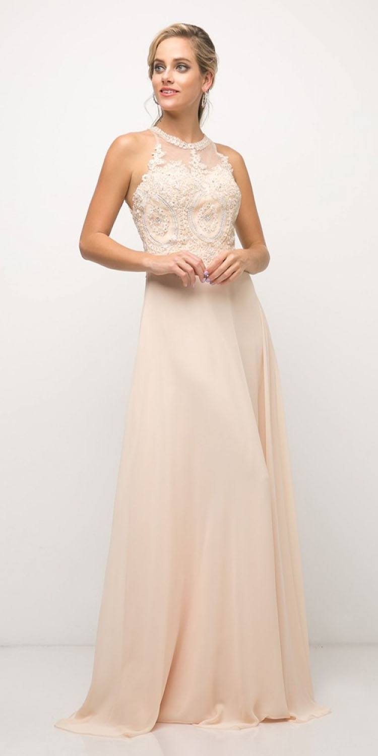 Cinderella Divine UJ0120 A-Line Chiffon Dress Halter Lace Applique Bodice by DiscountDressShop