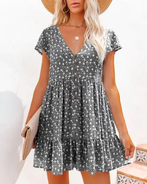 V-Neck Button Floral Short Sleeve Casual Dress by Trendy Attic Store01