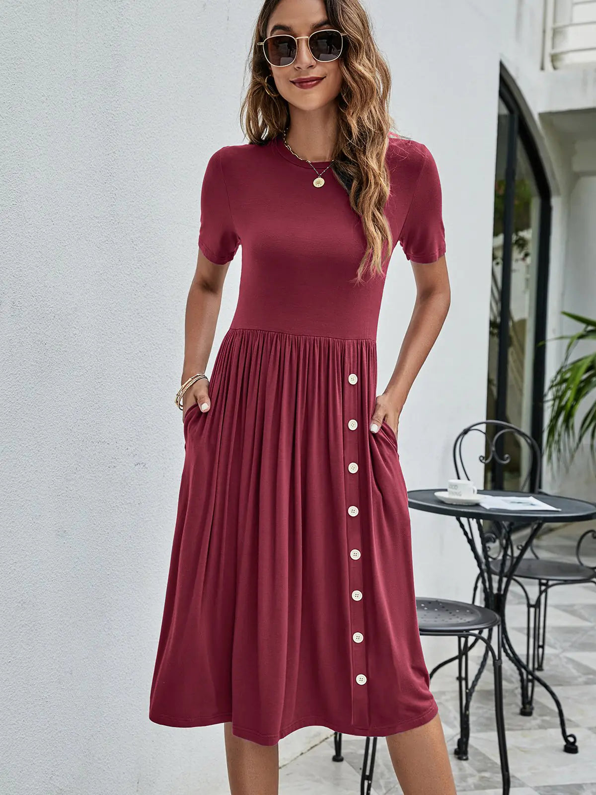 Solid Color Button Pocket Casual Women's Dress by Trendy Attic Store01