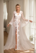 Pearl Beaded Lace Hem Long Robe with Satin Nightgown by SelenaHuanStudio