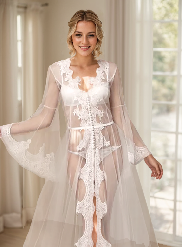 Pearl Beaded Lace Hem Long Robe with Satin Nightgown by SelenaHuanStudio