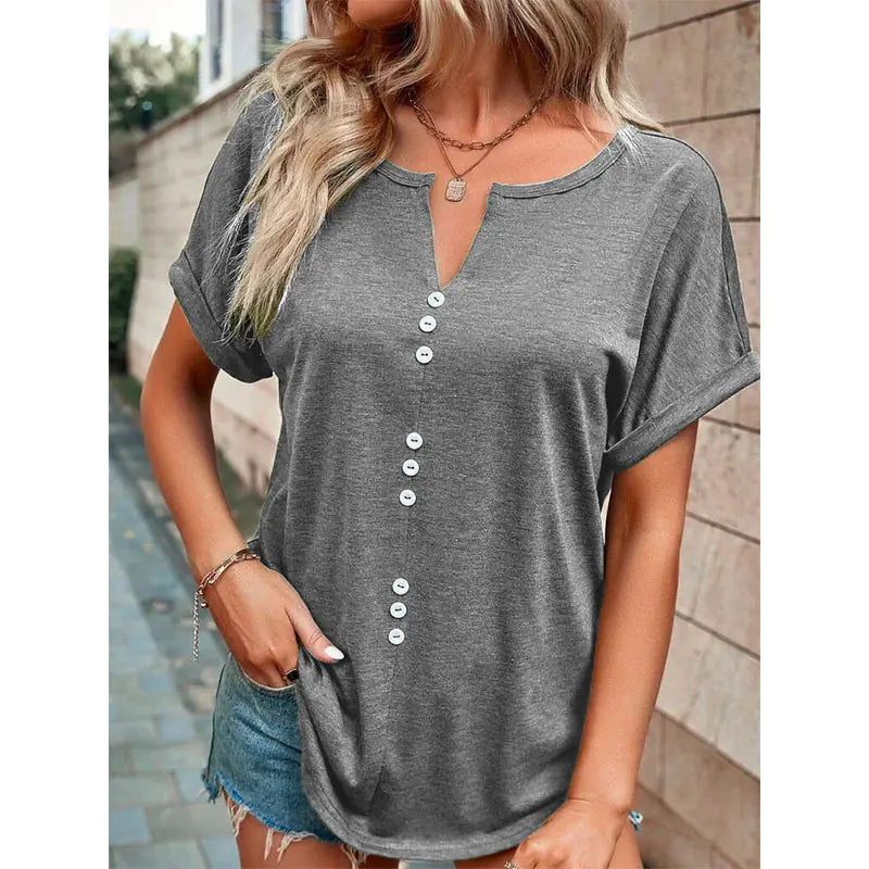 Summer V-neck Short Sleeve Button Design Blouse by Trendy Attic Store01