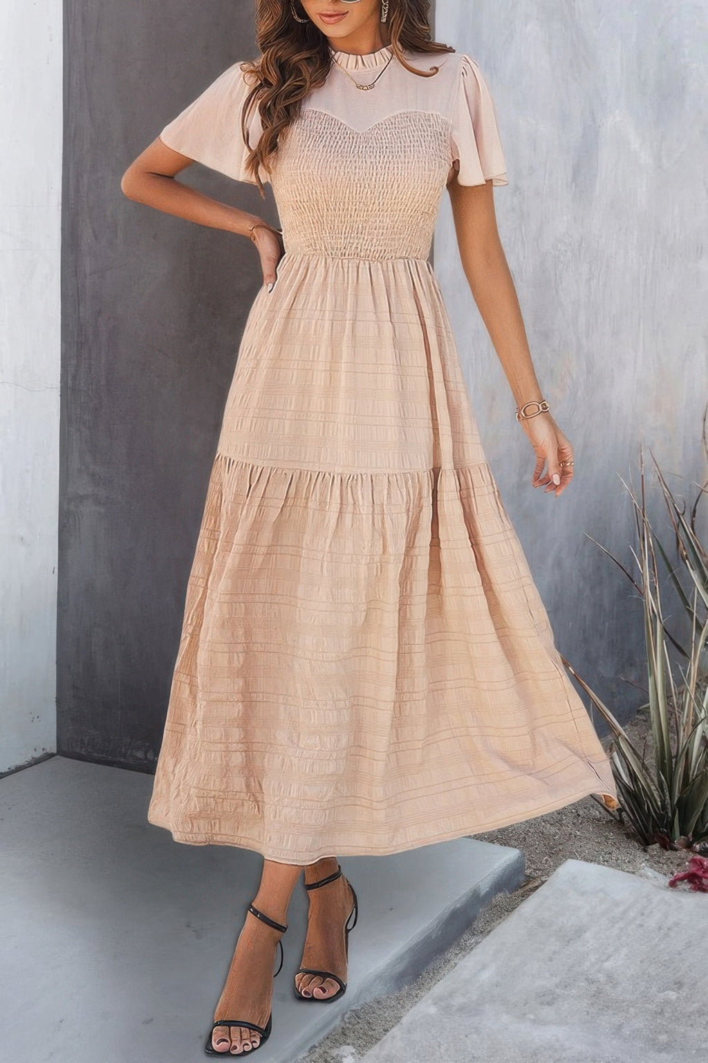 Ruffle Sleeve And Hem Top Shirred Crew Neck Dress by It's a Girly Place