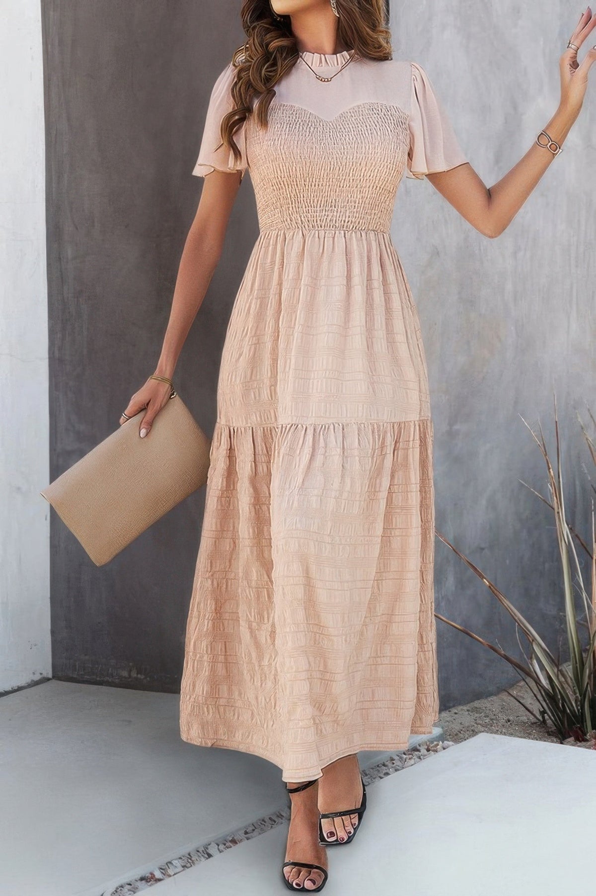 Ruffle Sleeve And Hem Top Shirred Crew Neck Dress by It's a Girly Place
