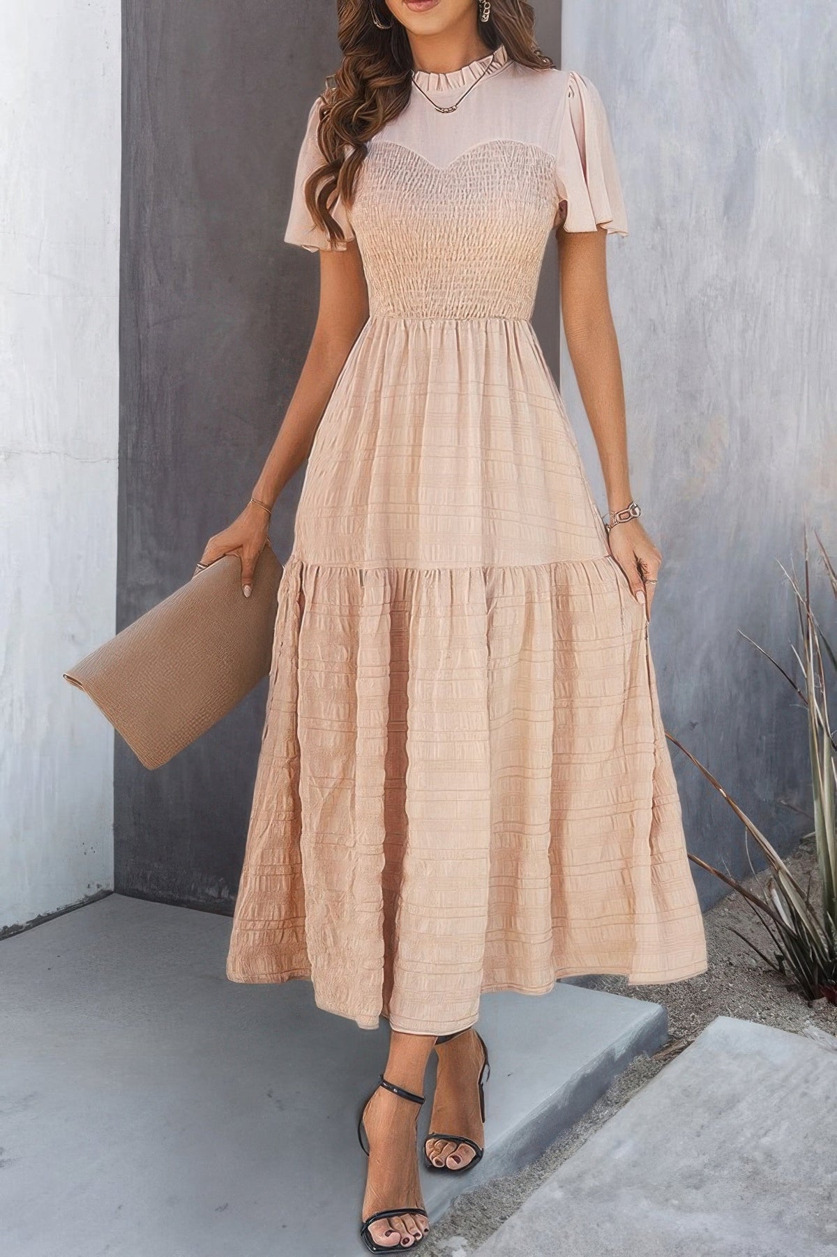 Ruffle Sleeve And Hem Top Shirred Crew Neck Dress by It's a Girly Place