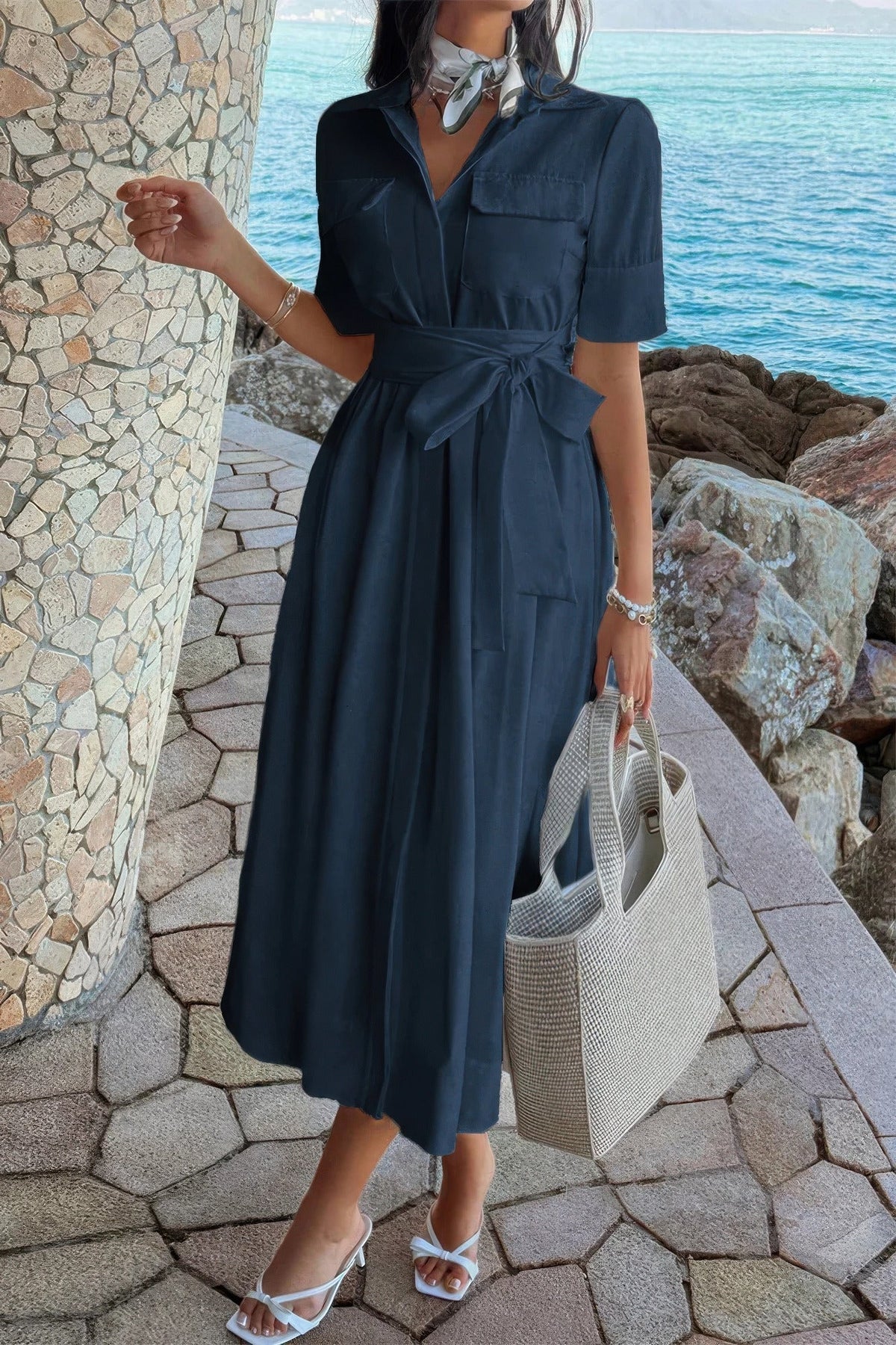 Solid Pocket Turn Down Collar A Line Dress by It's a Girly Place
