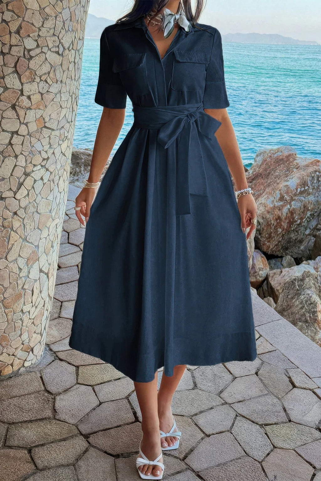 Solid Pocket Turn Down Collar A Line Dress by It's a Girly Place