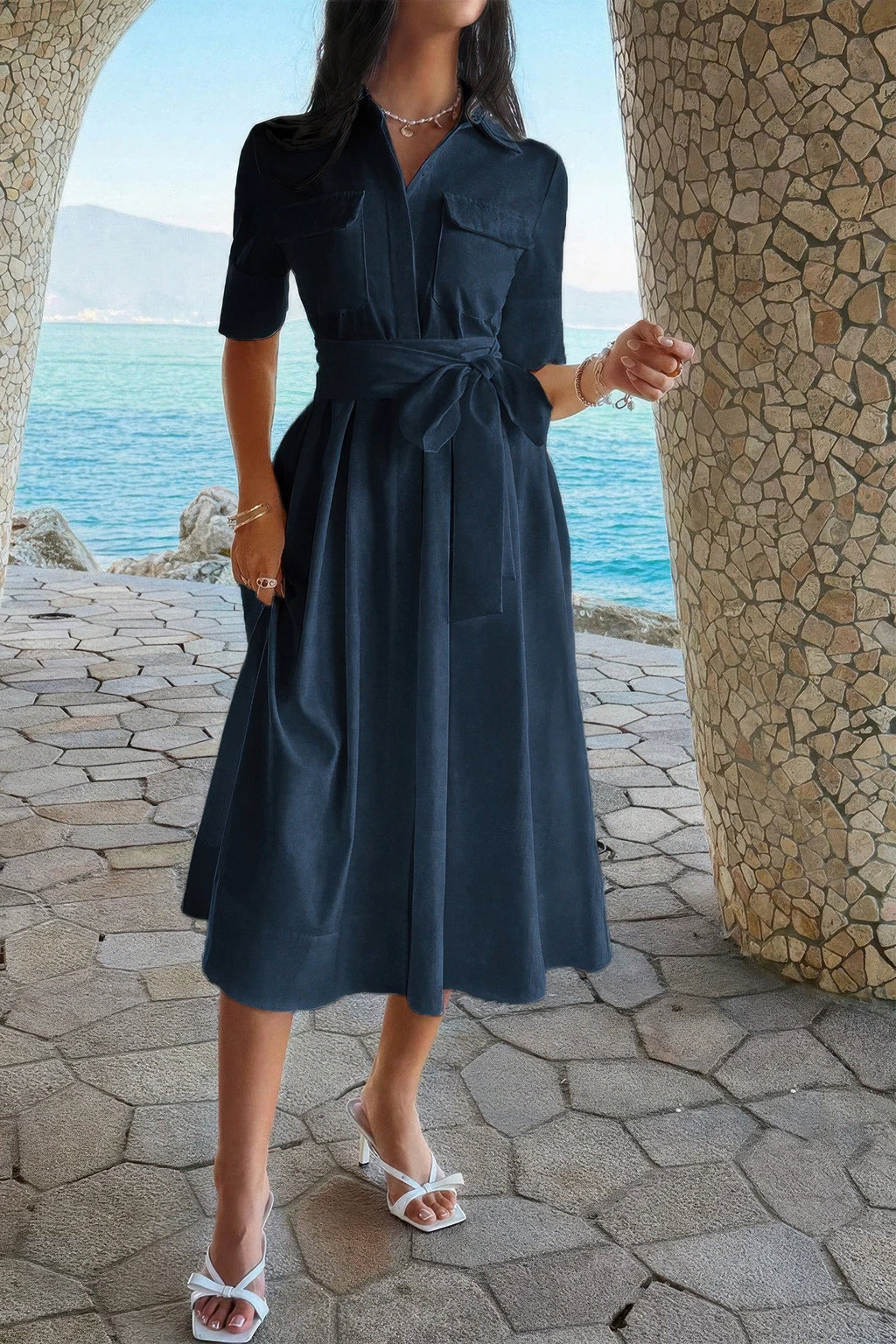 Solid Pocket Turn Down Collar A Line Dress by It's a Girly Place