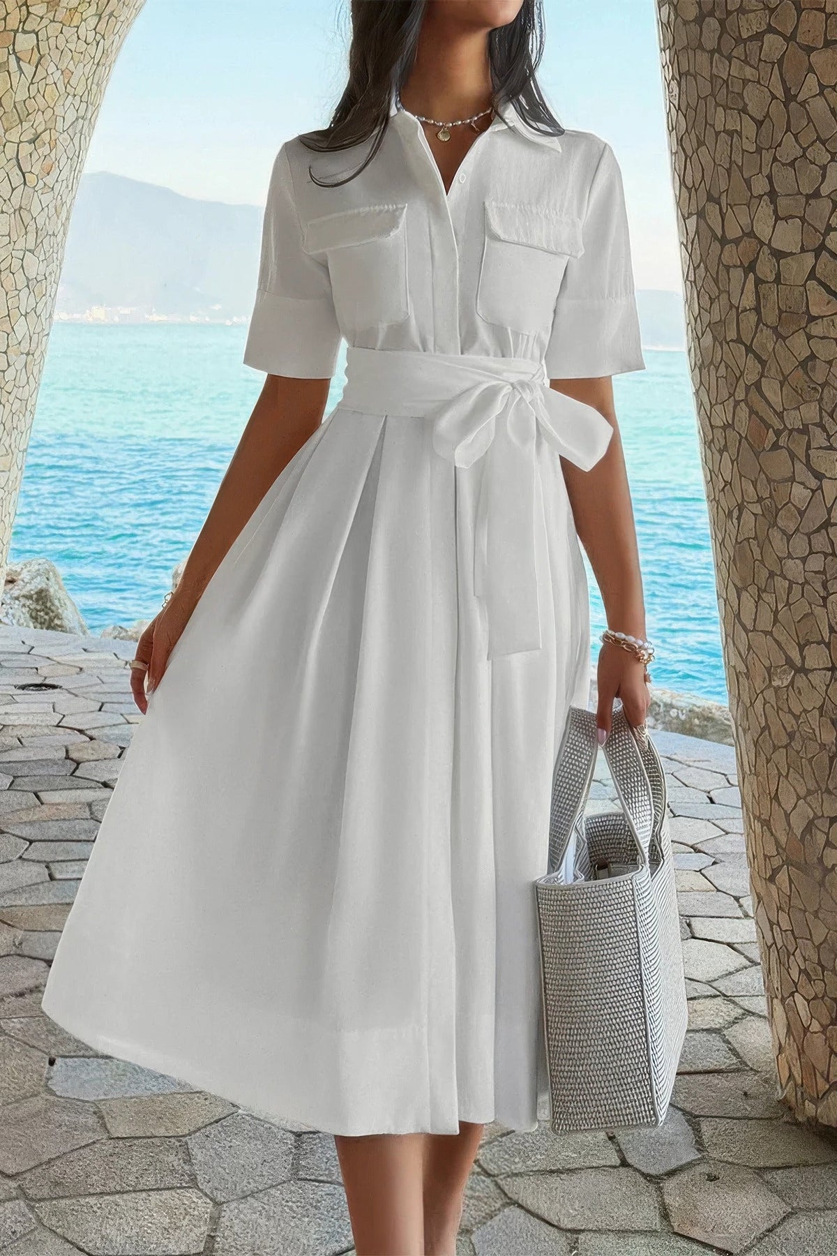 Solid Pocket Turn Down Collar A Line Dress by It's a Girly Place