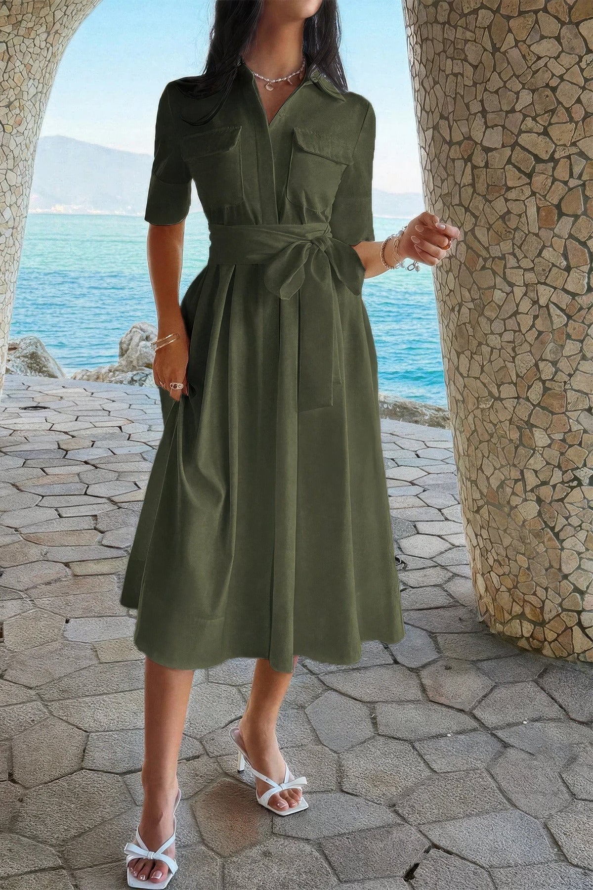 Solid Pocket Turn Down Collar A Line Dress by It's a Girly Place