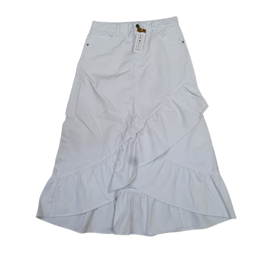 DENIM SKIRT WITH RUFFLE DETAIL by profile-nyc