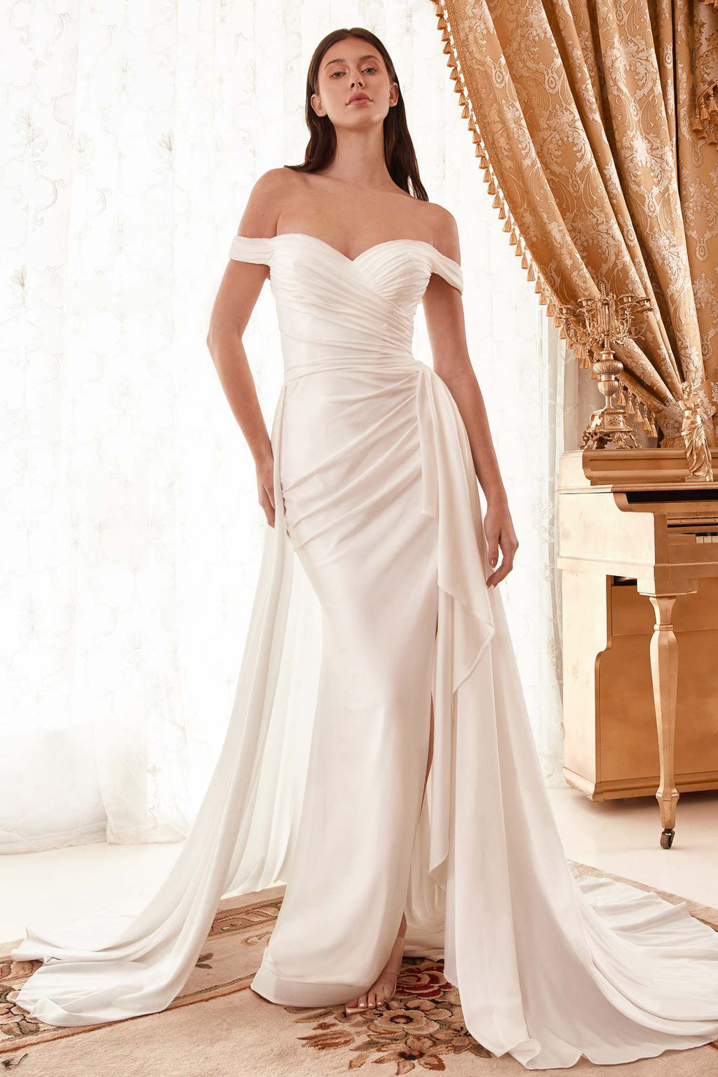 Ladivine WN315 Long Draped Off The Shoulder Bridal Gown With Overskirt by DiscountDressShop