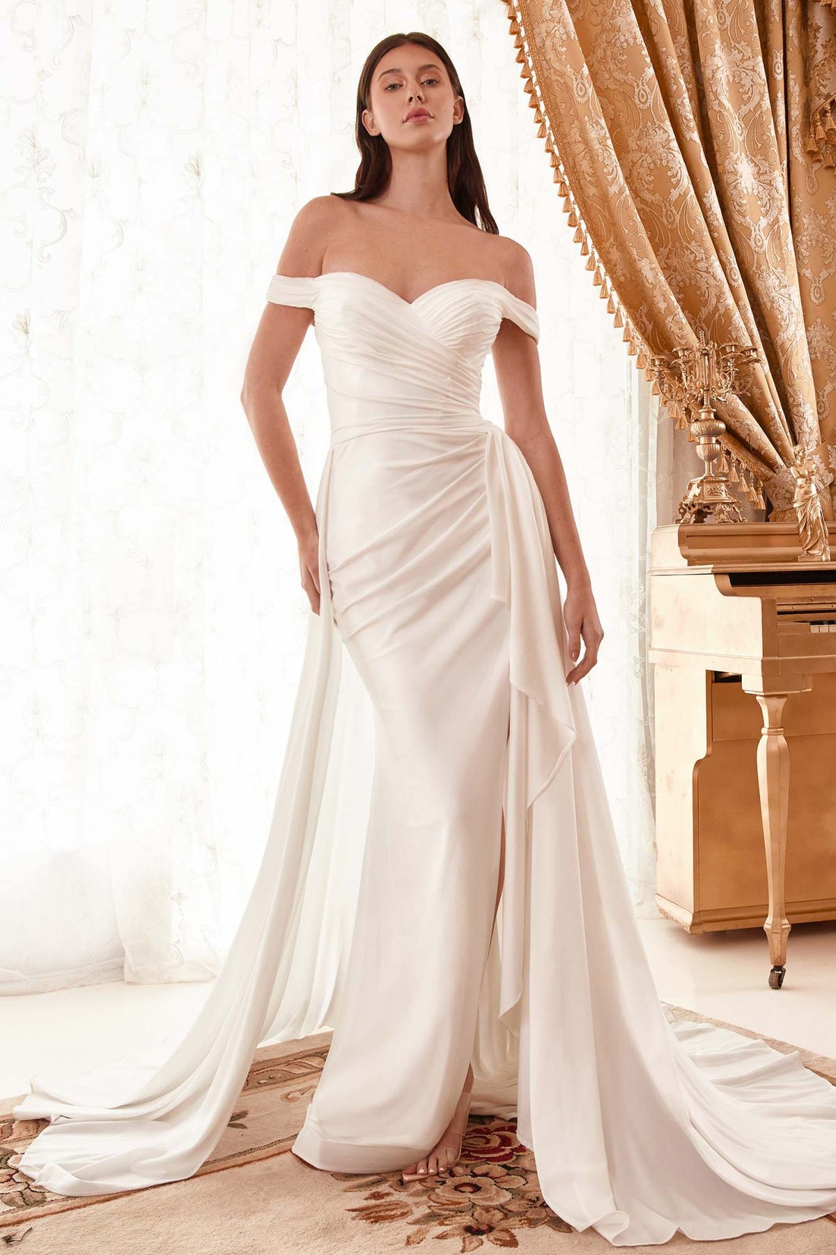 Ladivine WN315 Long Draped Off The Shoulder Bridal Gown With Overskirt by DiscountDressShop
