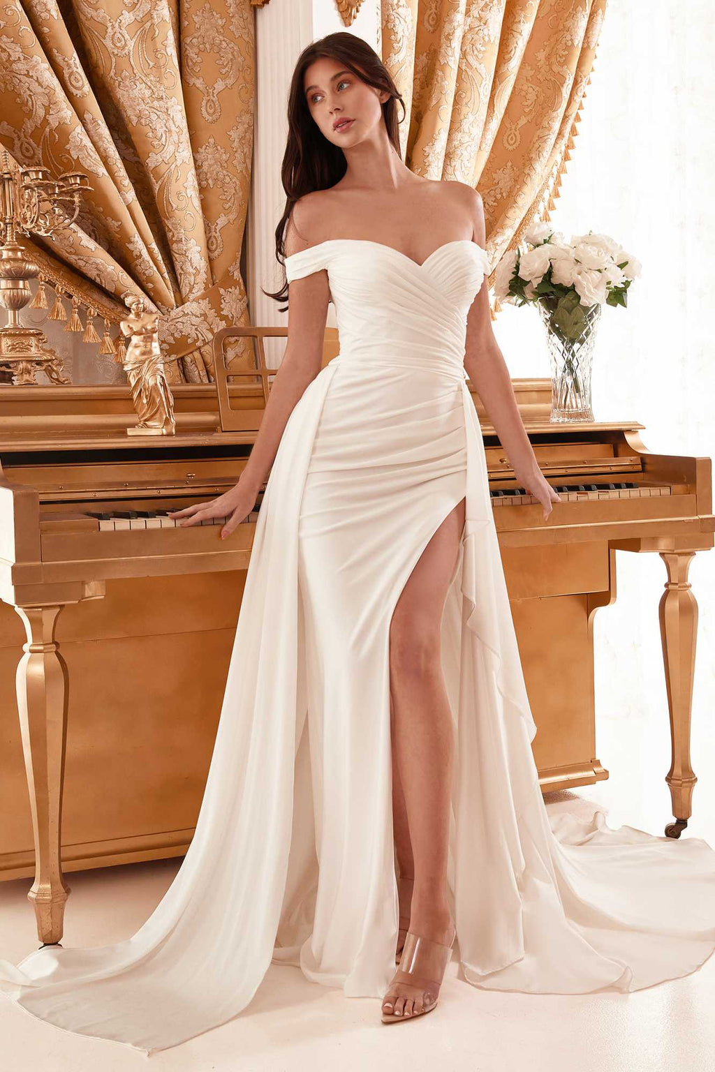 Ladivine WN315 Long Draped Off The Shoulder Bridal Gown With Overskirt by DiscountDressShop