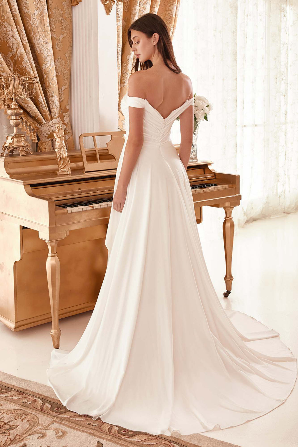 Ladivine WN315 Long Draped Off The Shoulder Bridal Gown With Overskirt by DiscountDressShop