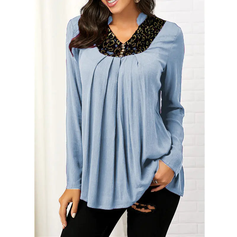 Printed V-neck Long Sleeve Lace Top. by Trendy Attic Store01