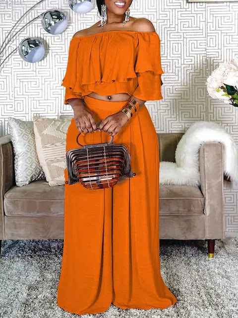 Plus Size 2 Piece Off Shoulder Crop Top & Wide Leg Pants by Trendy Attic Store01