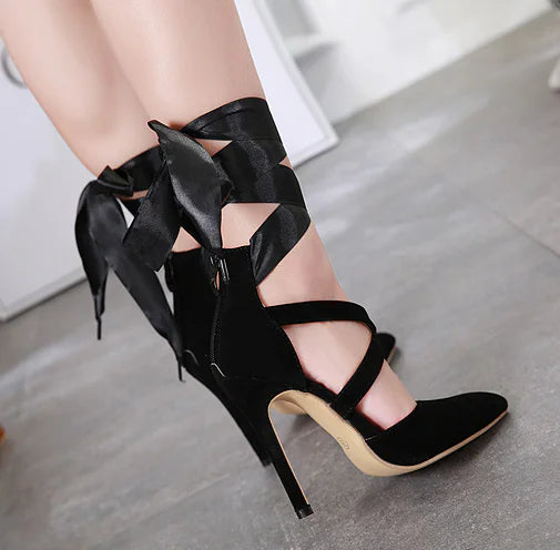 Comfortable Ribbon Sexy Pointed Toe Heeled Sandals by Trendy Attic Store01
