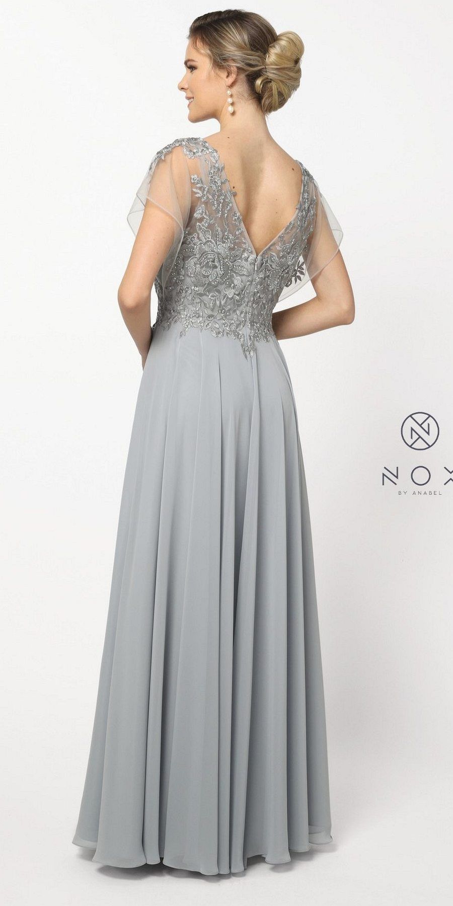 CLEARANCE - Nox Anabel Y526 Long V-Neck Silver Long Dress (Size 2XL) by DiscountDressShop